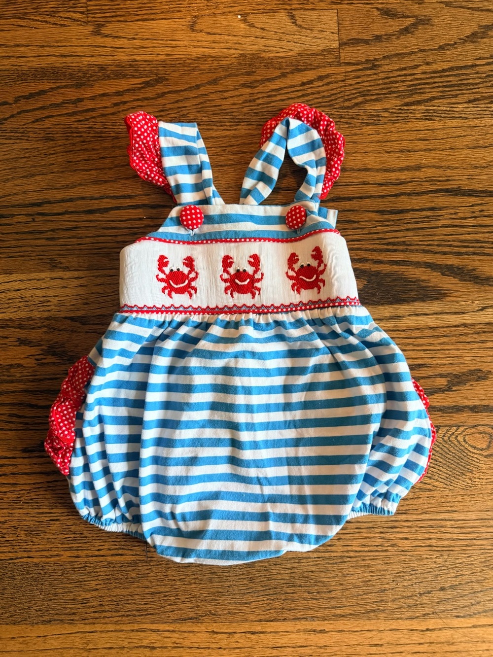 Smocked Auctions Blue & White Striped Smocked Crab Embroidered Bubble, Size 18M